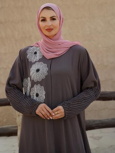 Zoom Simple Front Open Abaya with Crystal Handwork and Pleat Work on the Sleeves in Brown