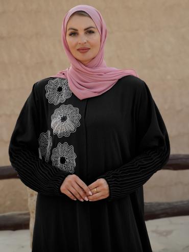 Zoom Simple Front Open Abaya with Crystal Hand Work and Pleat Work on the Sleeves in Black