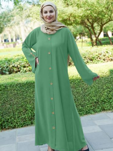 CEY Abaya With Beige Piping And Show Buttons on the Front And Sleeves In Mint
