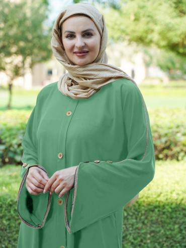 CEY Abaya With Beige Piping And Show Buttons on the Front And Sleeves In Mint
