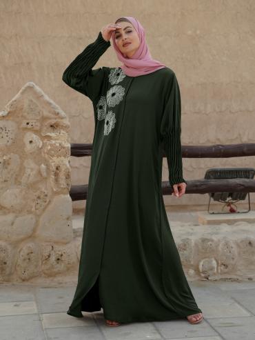 Zoom Simple Front Open Abaya with Crystal Hand Work and Pleat Work on the Sleeves in Olive 