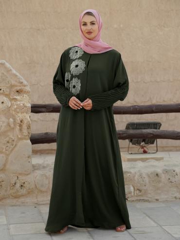 Zoom Simple Front Open Abaya with Crystal Hand Work and Pleat Work on the Sleeves in Olive 
