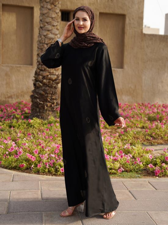 Abaya With Golden Glass Stone Work On 