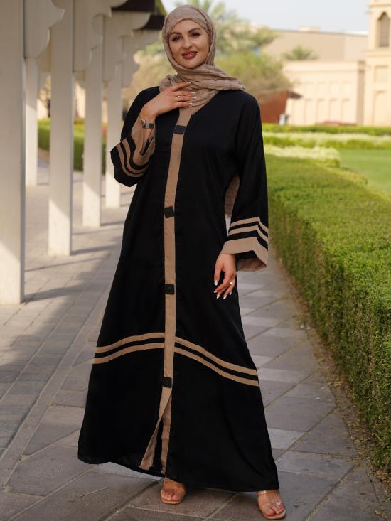 Free Size Abaya With Beige Line Work On 