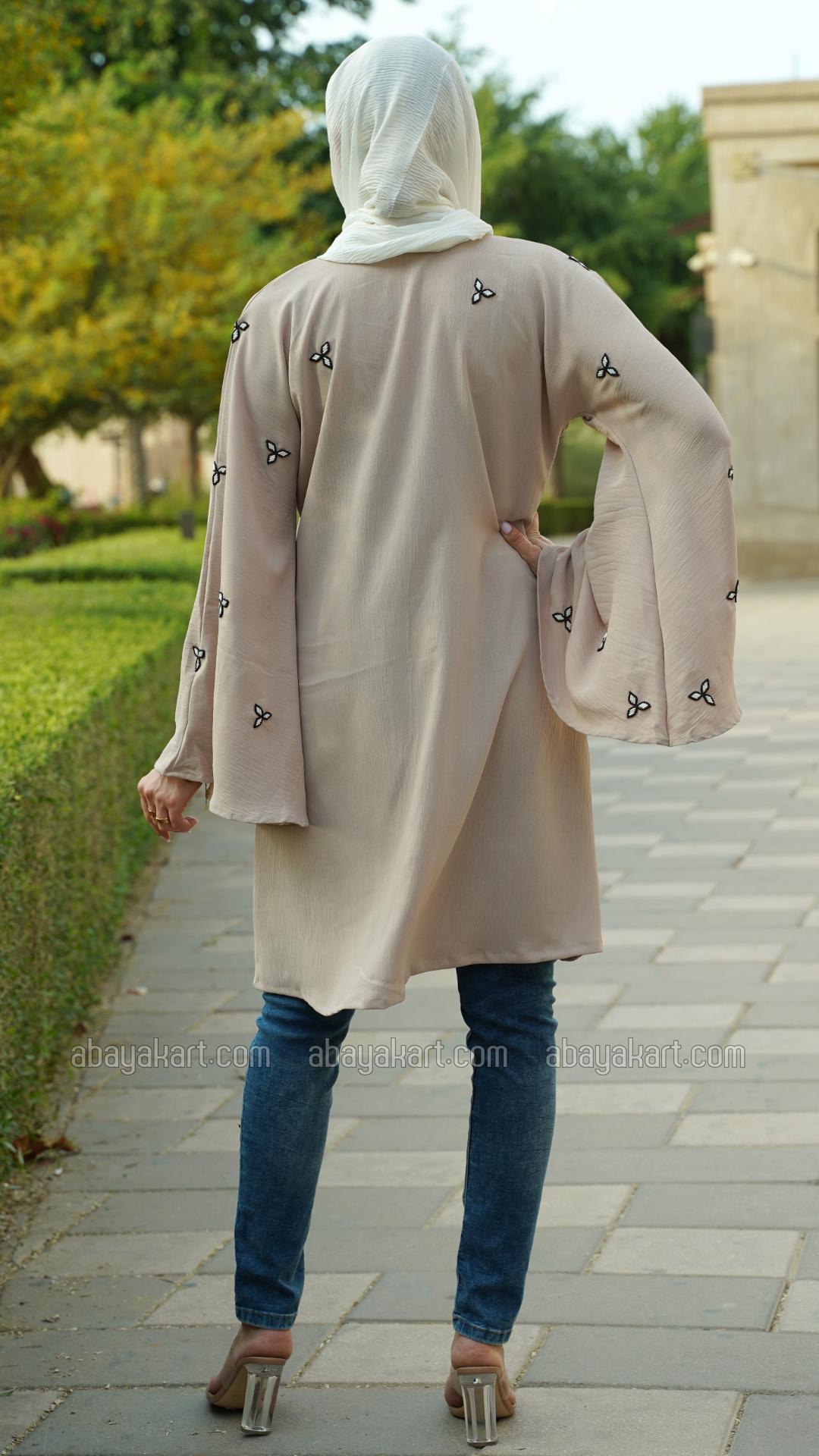 Kurti With Black And White Crystal Hand Work In Almond