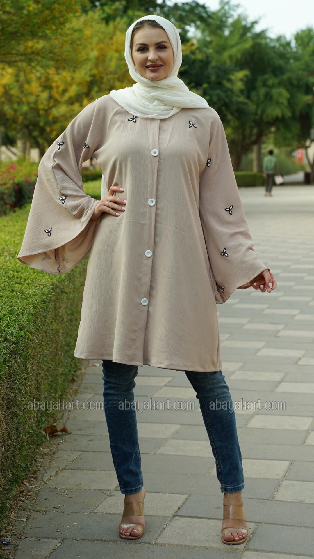 Kurti With Black And White Crystal Hand Work In Almond