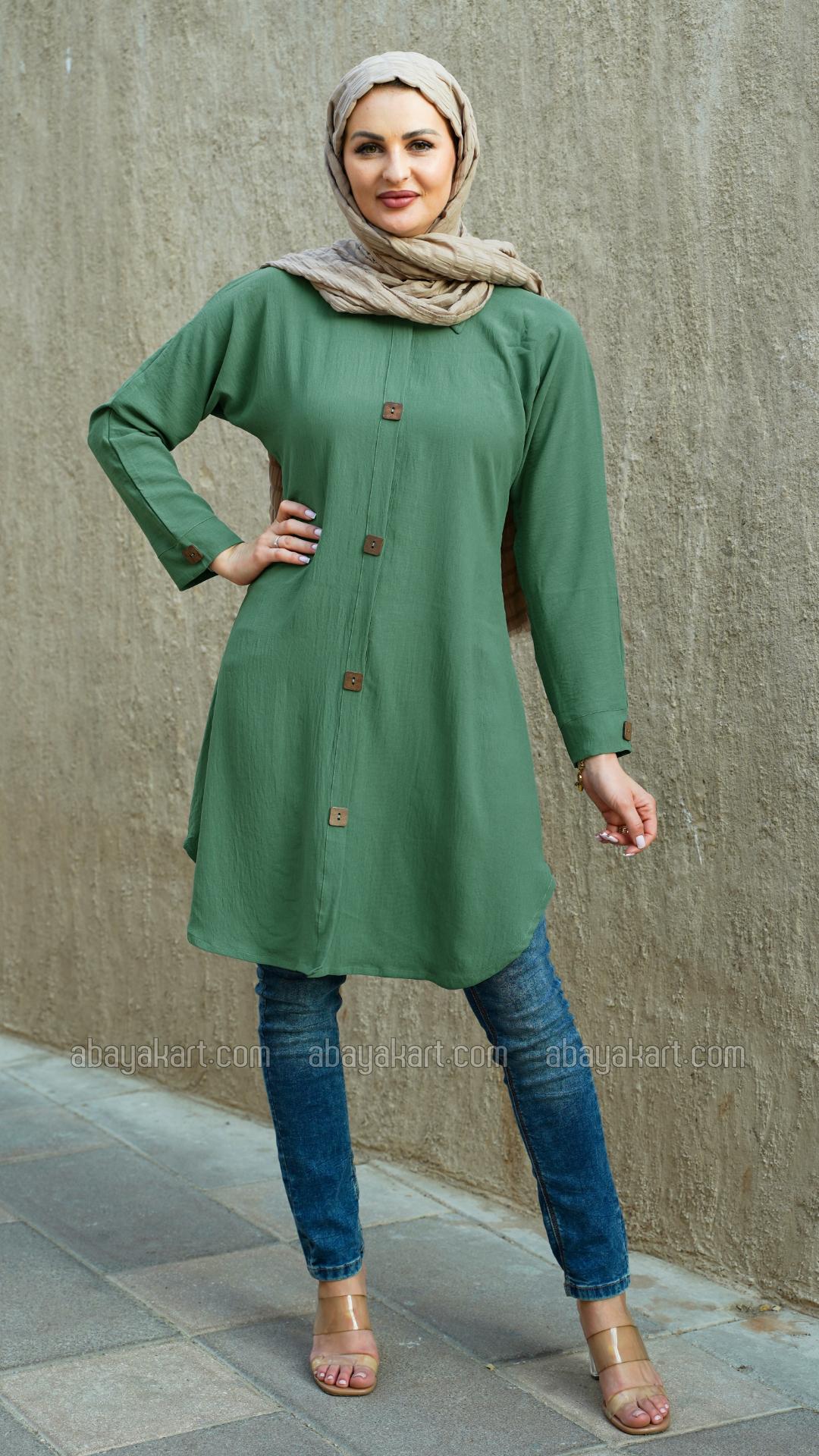 Kurti with Show Buttons on the Front and Sleeves in Teal
