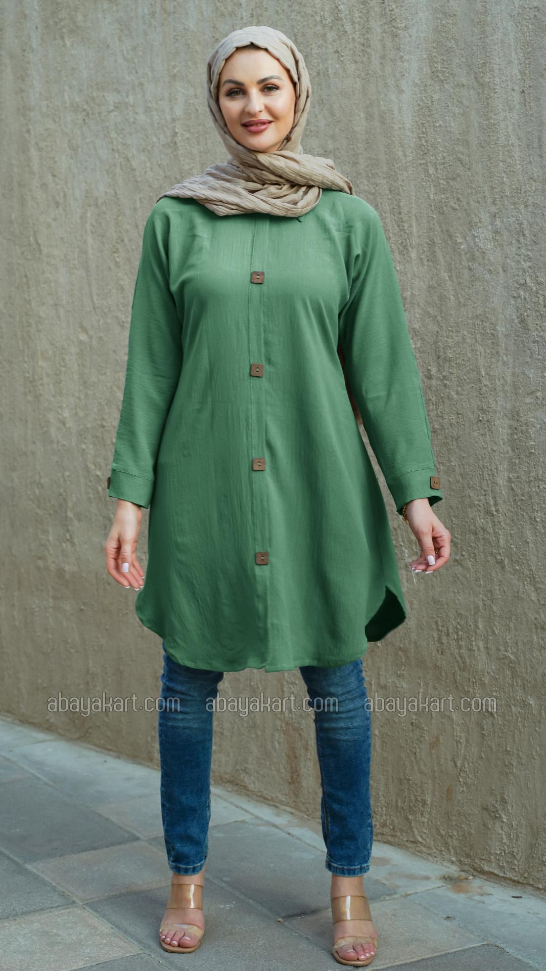 Kurti with Show Buttons on the Front and Sleeves in Teal