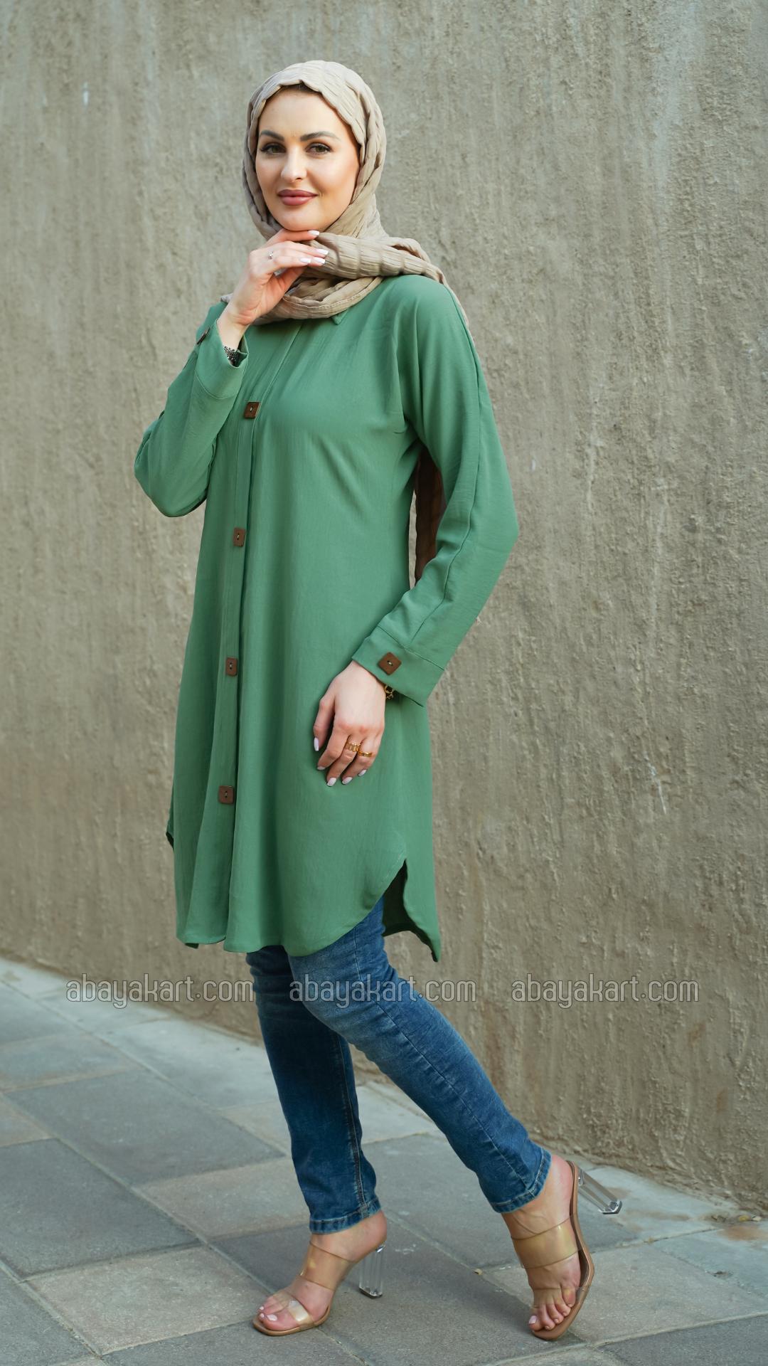 Kurti with Show Buttons on the Front and Sleeves in Teal