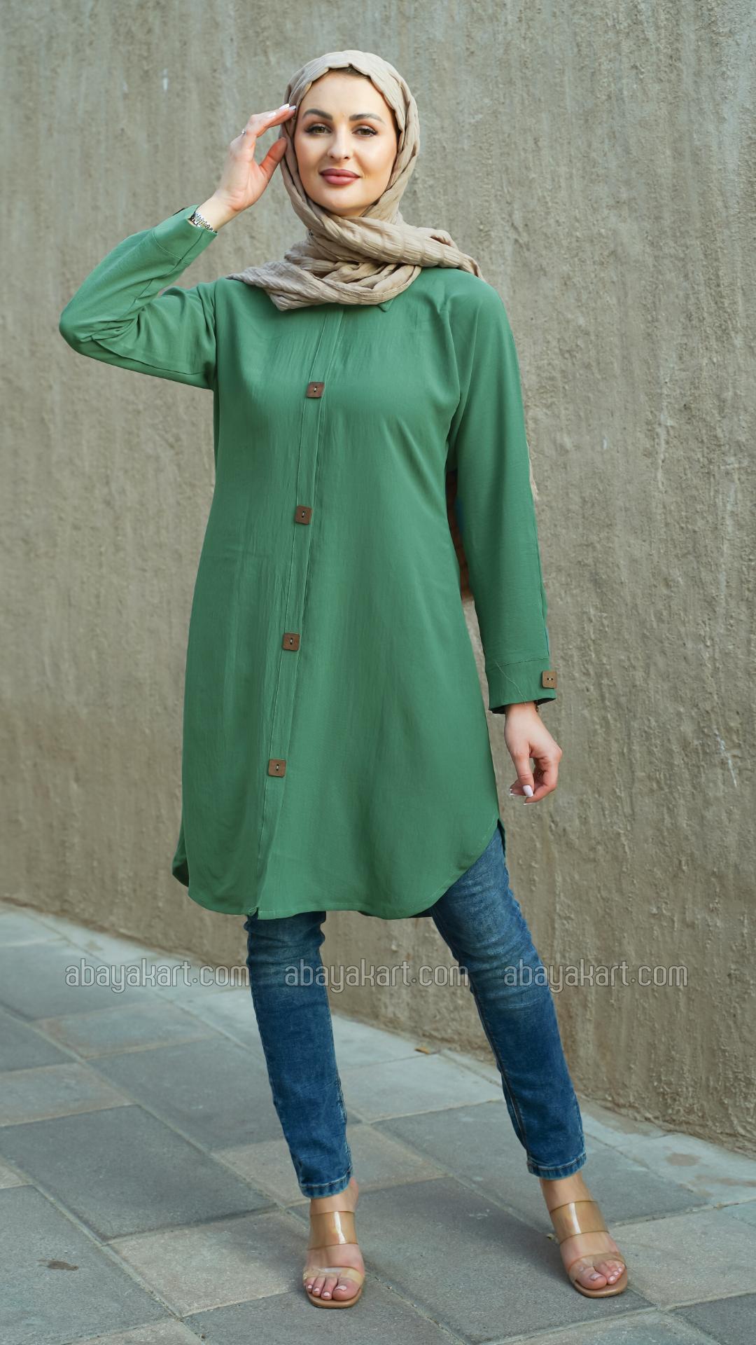 Kurti with Show Buttons on the Front and Sleeves in Teal