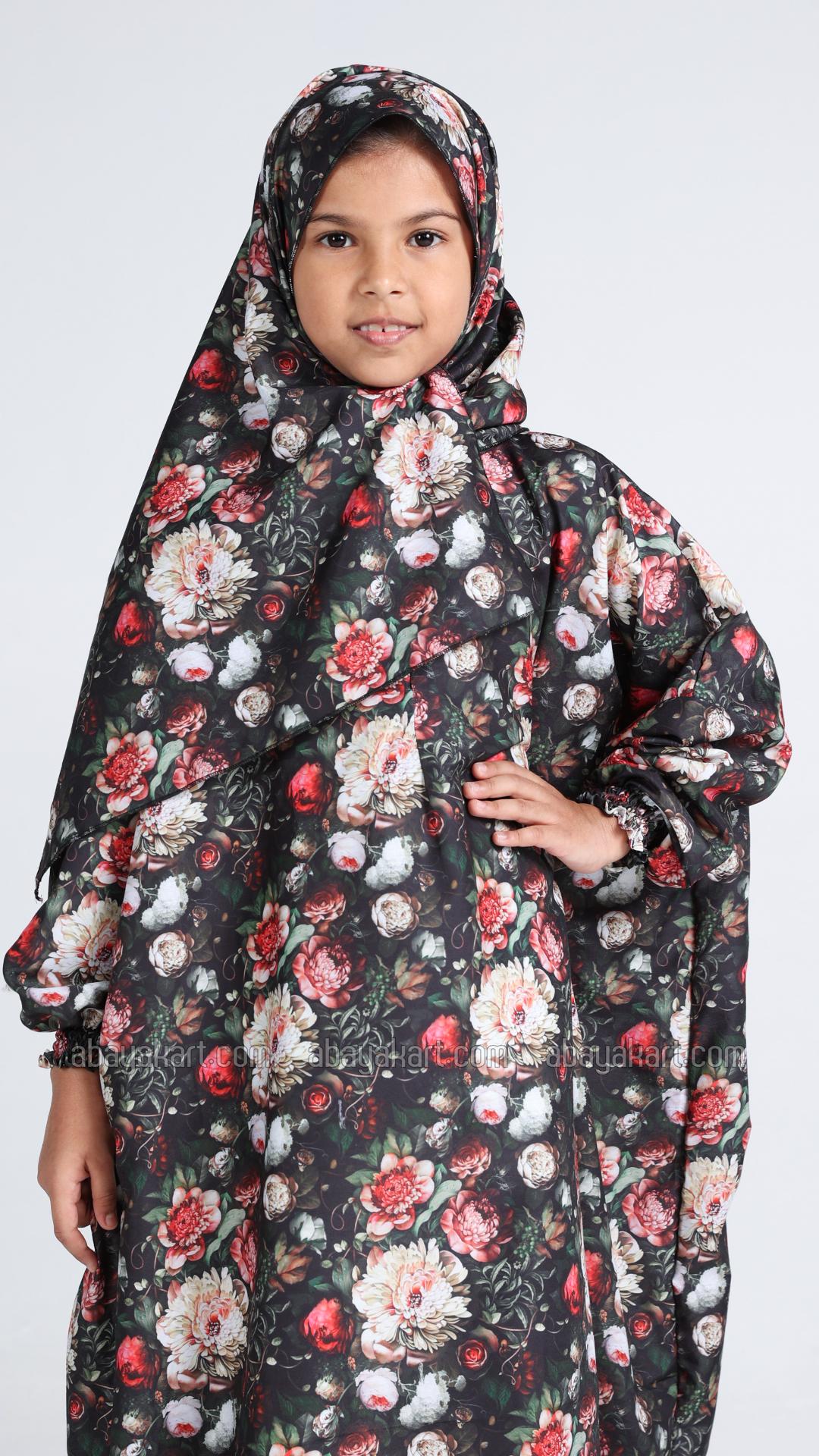 Beautiful Floral Printed OnePiece Kids Prayer Dress with an Attached Hijab