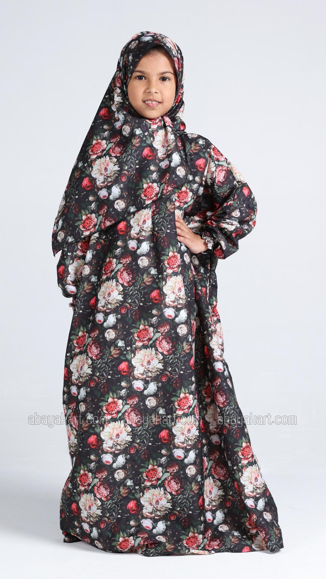Beautiful Floral Printed OnePiece Kids Prayer Dress with an Attached Hijab