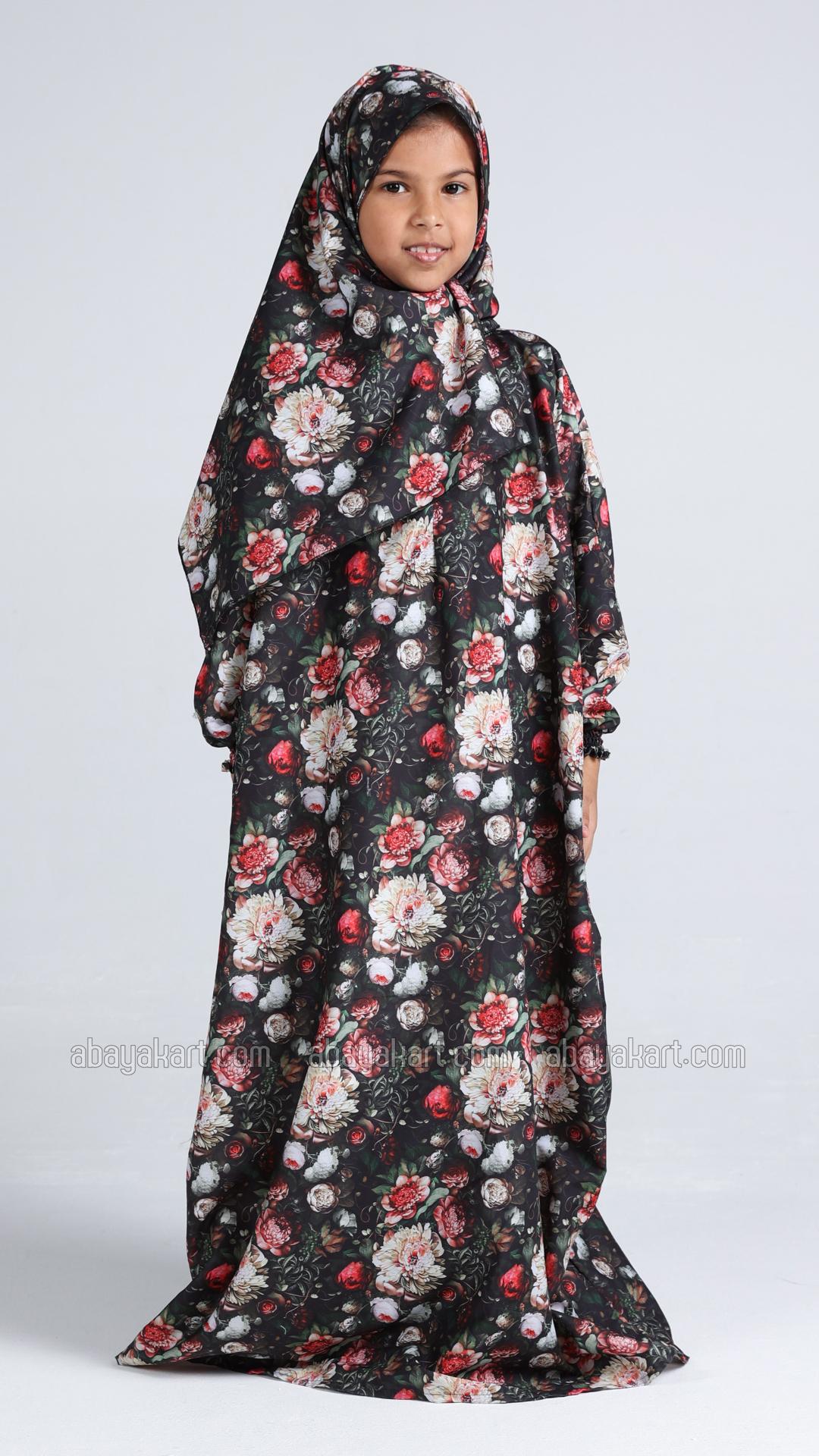 Beautiful Floral Printed OnePiece Kids Prayer Dress with an Attached Hijab