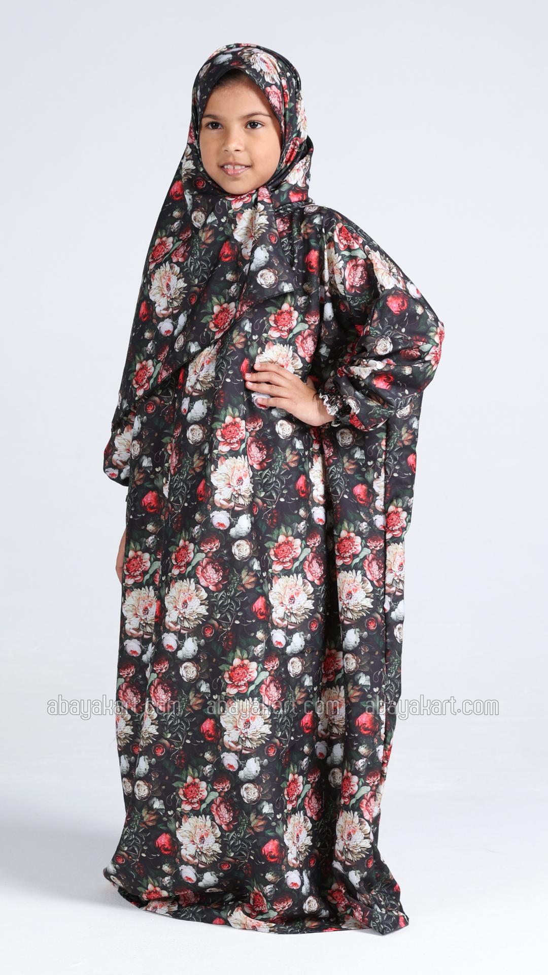 Beautiful Floral Printed OnePiece Kids Prayer Dress with an Attached Hijab