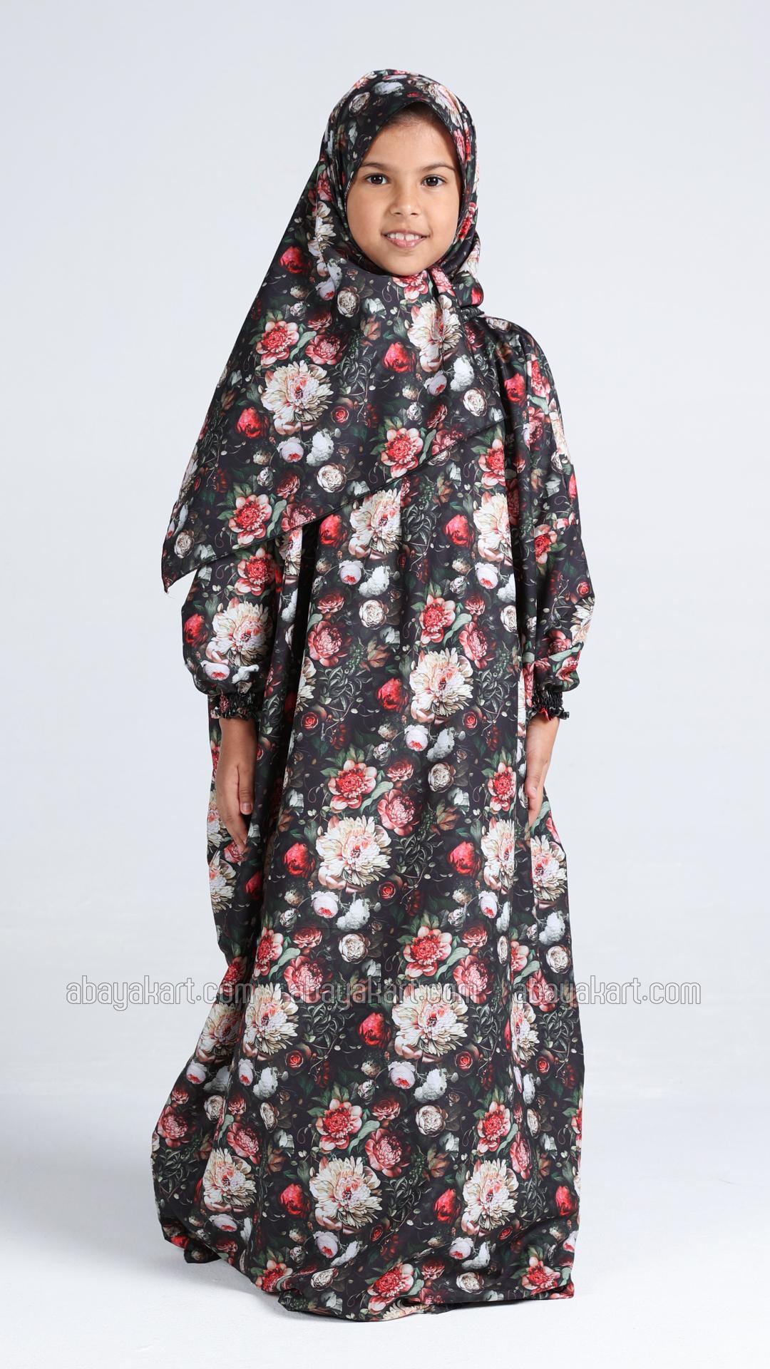 Beautiful Floral Printed OnePiece Kids Prayer Dress with an Attached Hijab