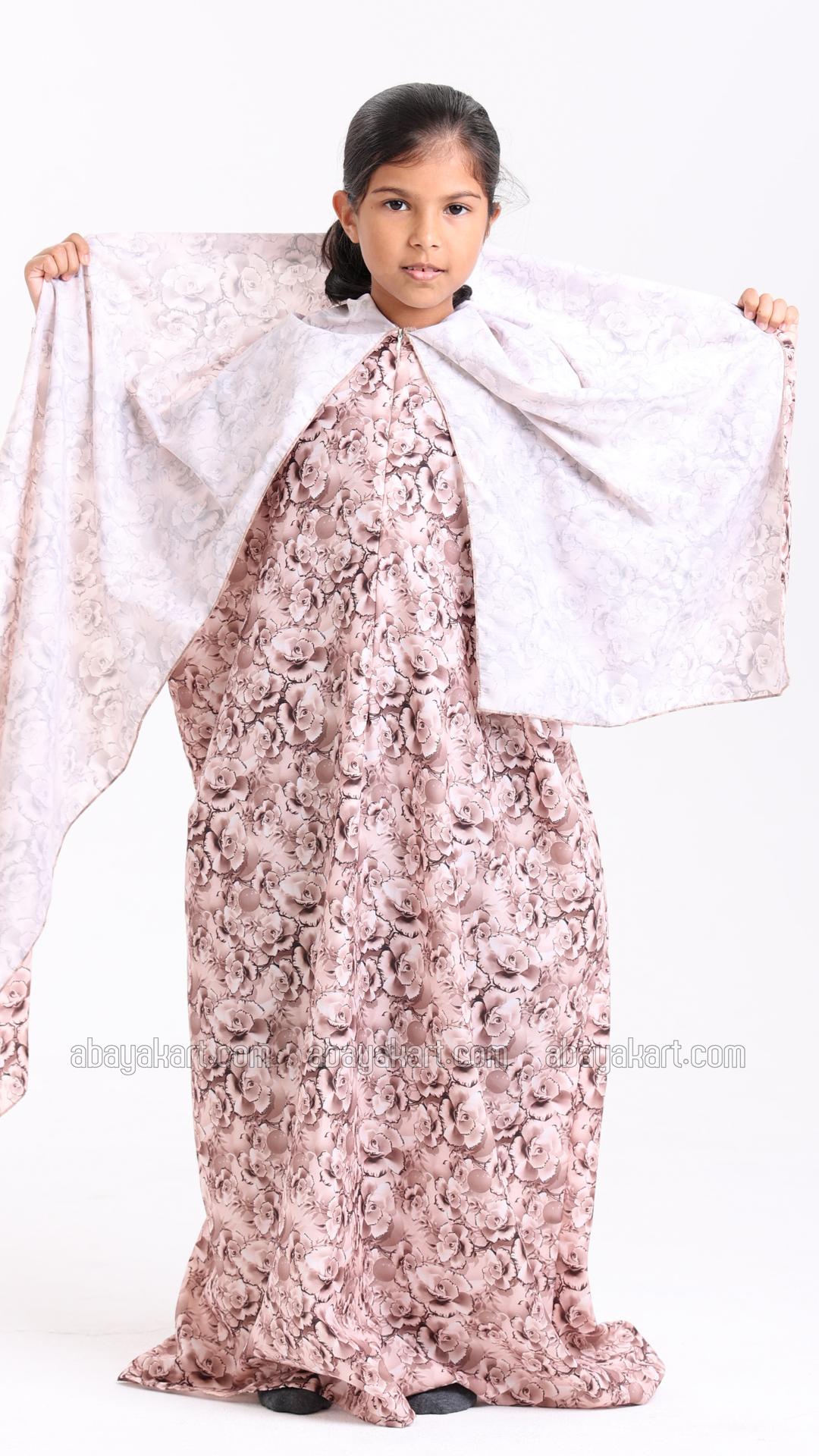 Elegant FloralPrinted OnePiece Kids Prayer Dress with an Attached Hijab