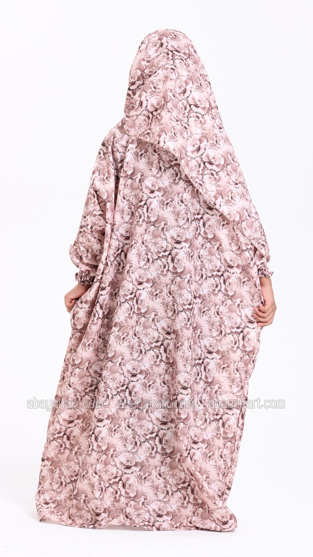 Elegant FloralPrinted OnePiece Kids Prayer Dress with an Attached Hijab