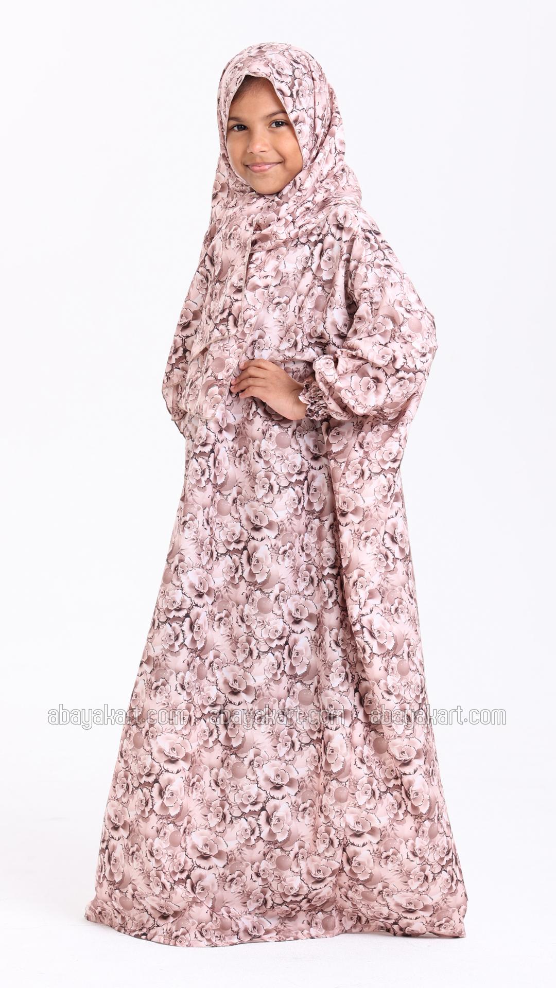 Elegant FloralPrinted OnePiece Kids Prayer Dress with an Attached Hijab