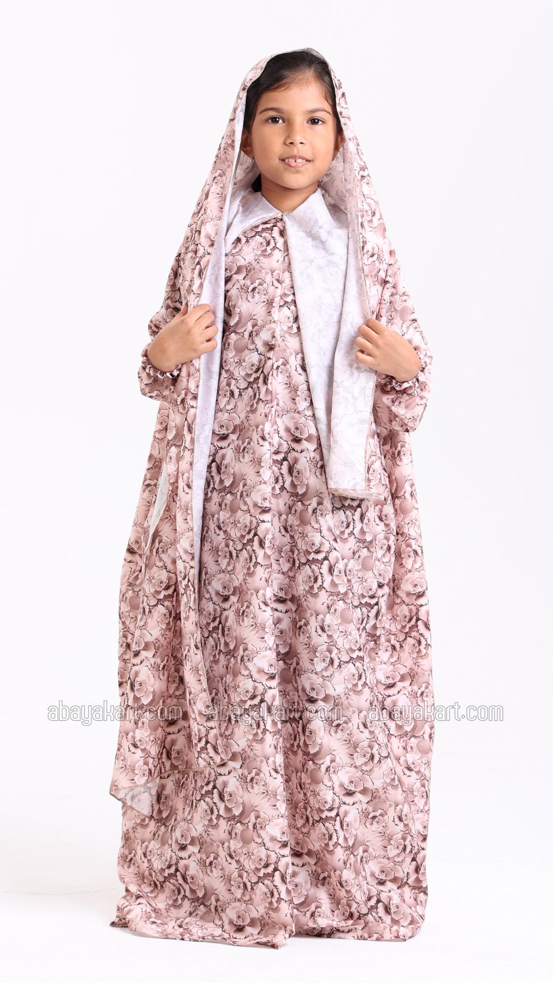 Elegant FloralPrinted OnePiece Kids Prayer Dress with an Attached Hijab