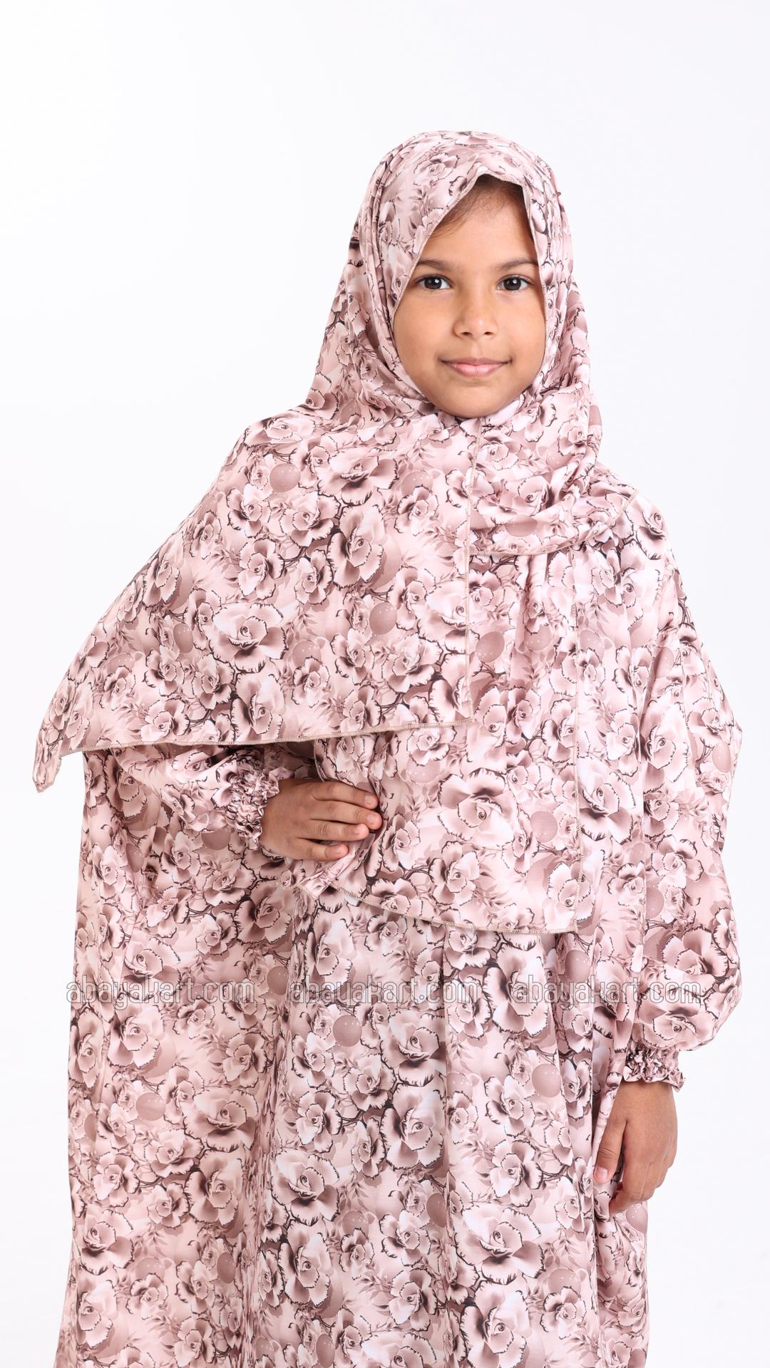 Elegant FloralPrinted OnePiece Kids Prayer Dress with an Attached Hijab