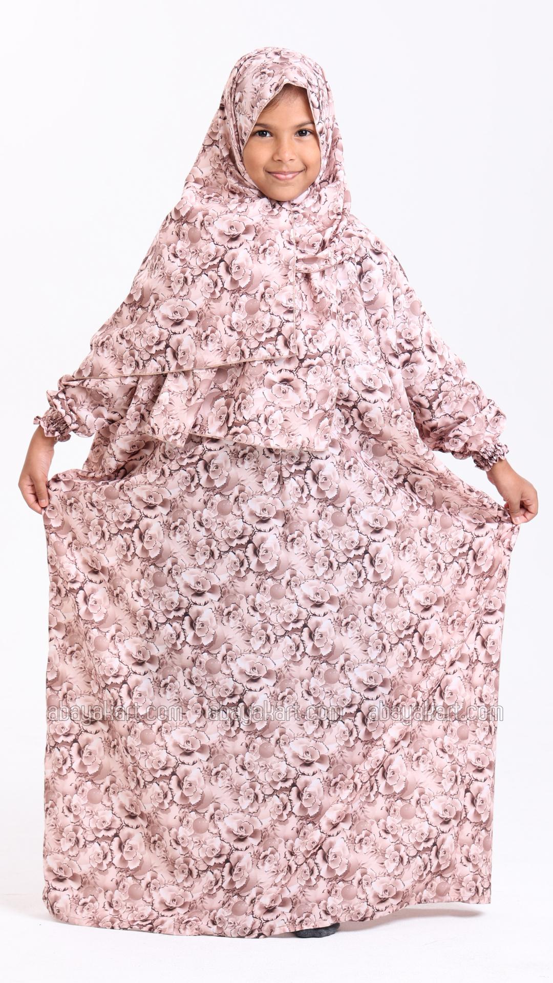 Elegant FloralPrinted OnePiece Kids Prayer Dress with an Attached Hijab