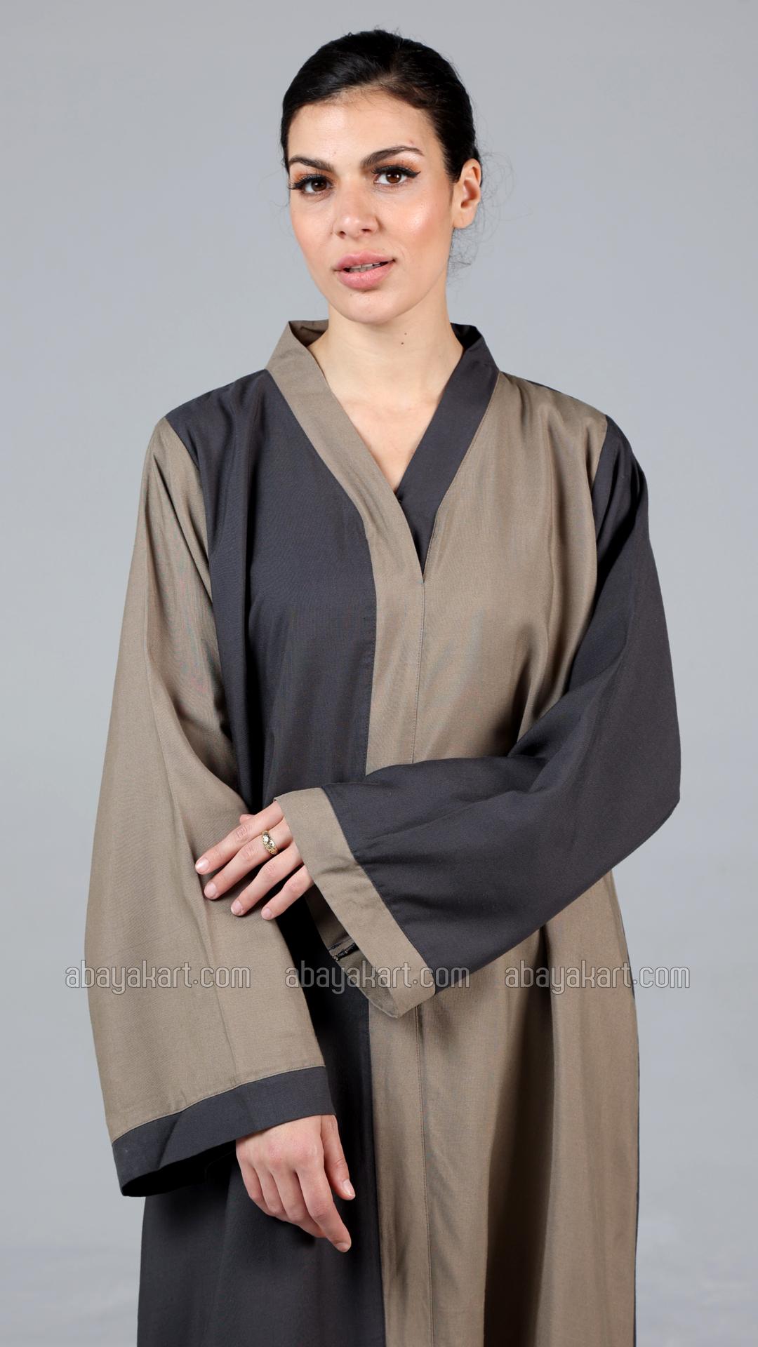 Stylish Linen Abaya In Dark Grey And Peanut Brown