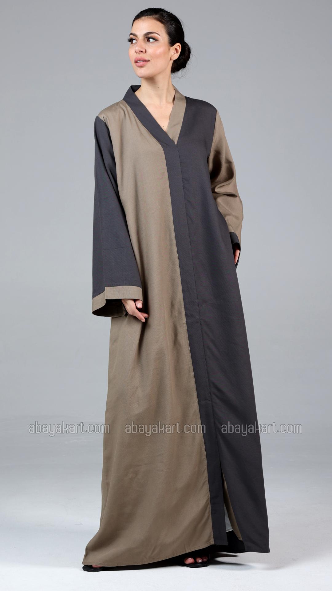 Stylish Linen Abaya In Peanut Brown And Dark Grey