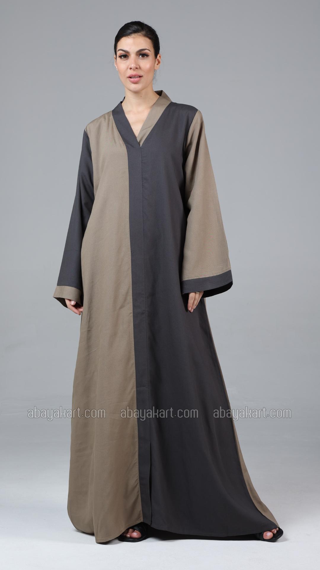 Stylish Linen Abaya In Peanut Brown And Dark Grey