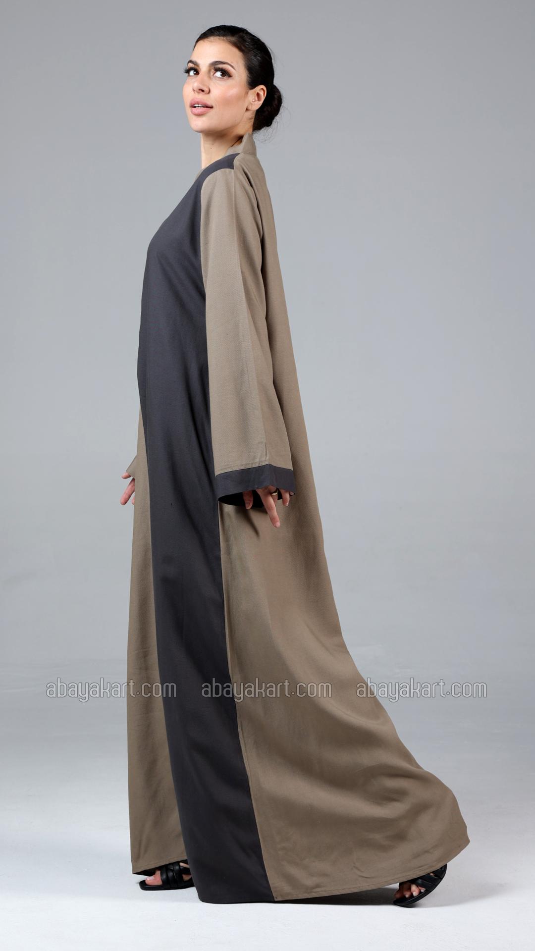 Stylish Linen Abaya In Peanut Brown And Dark Grey