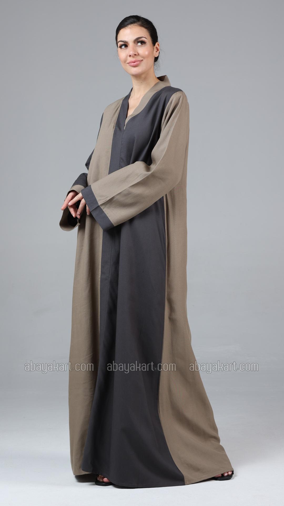 Stylish Linen Abaya In Peanut Brown And Dark Grey
