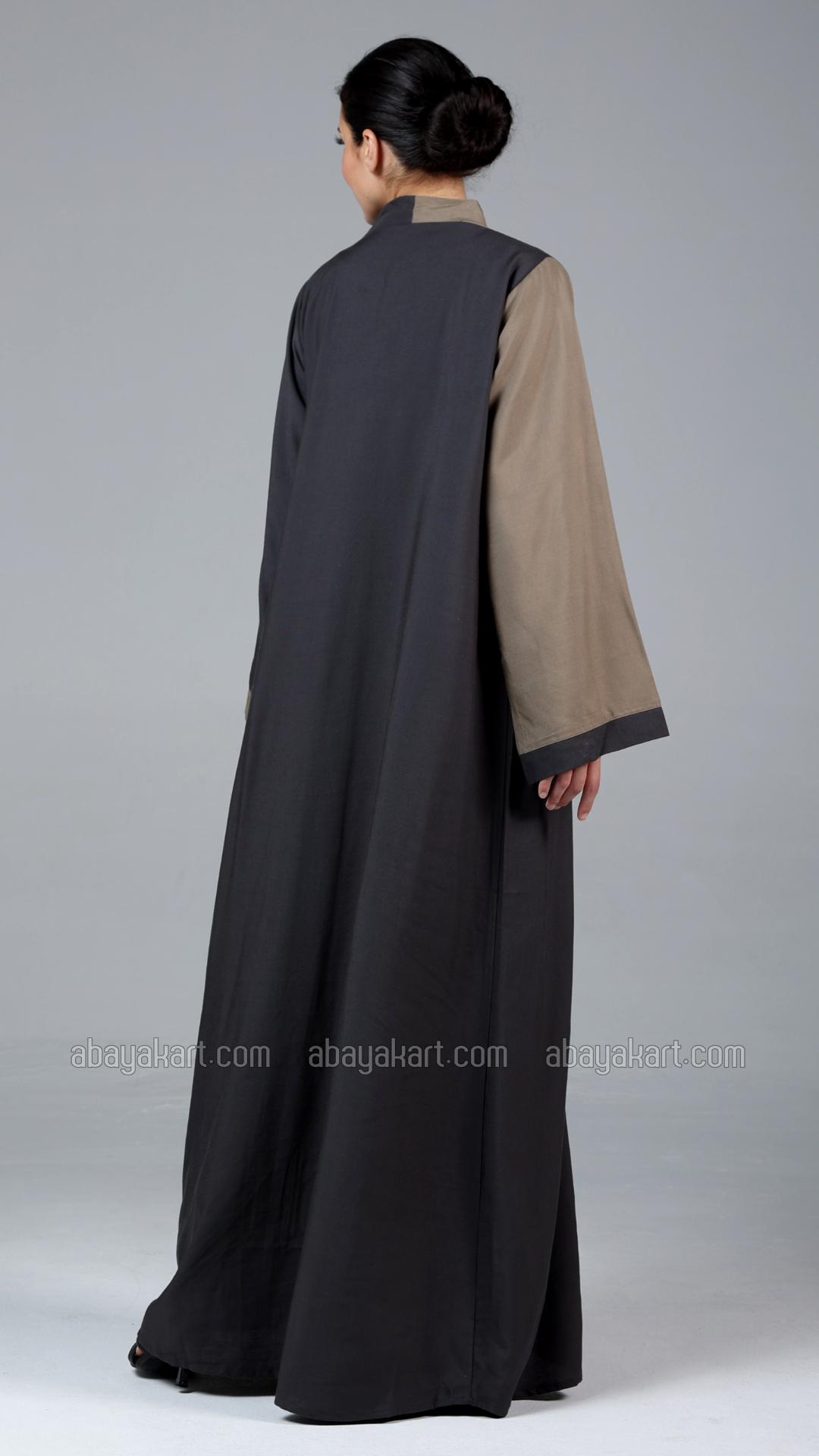 Stylish Linen Abaya In Dark Grey And Peanut Brown