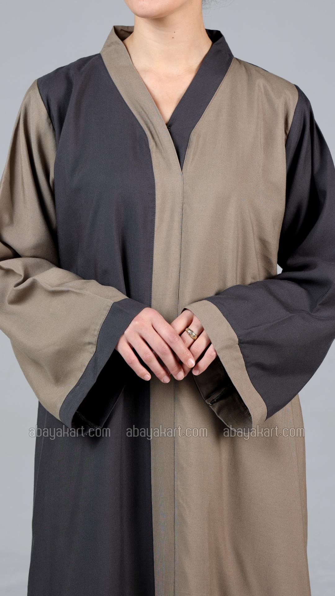 Stylish Linen Abaya In Dark Grey And Peanut Brown