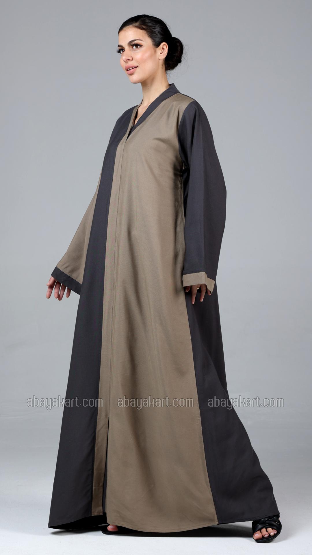 Stylish Linen Abaya In Dark Grey And Peanut Brown