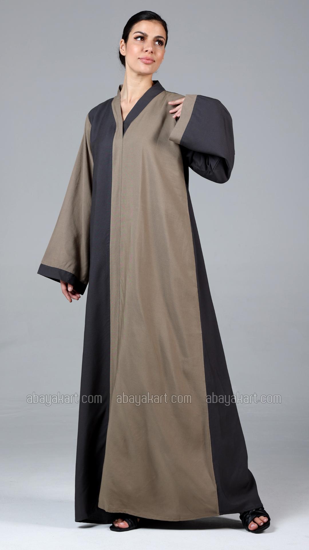 Stylish Linen Abaya In Dark Grey And Peanut Brown