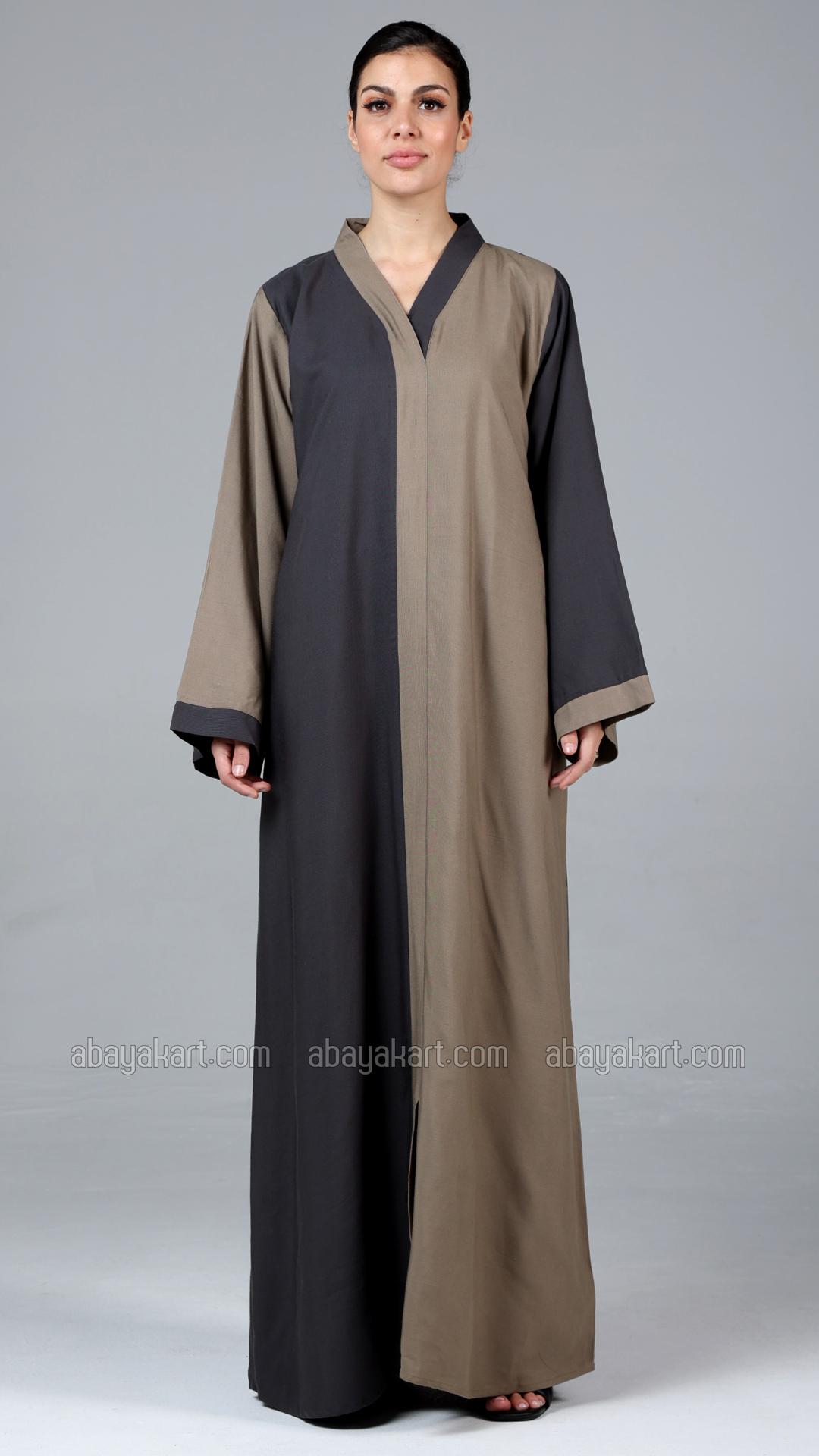 Stylish Linen Abaya In Dark Grey And Peanut Brown