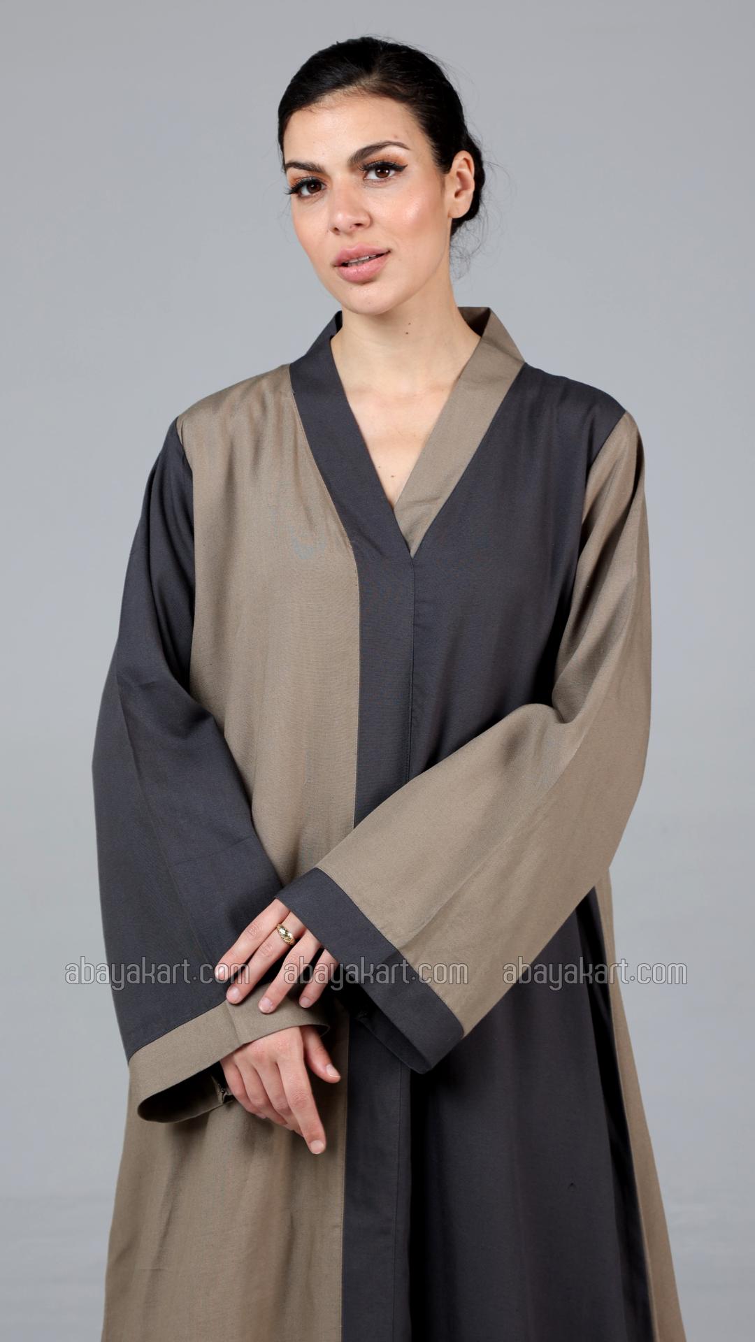 Stylish Linen Abaya In Peanut Brown And Dark Grey