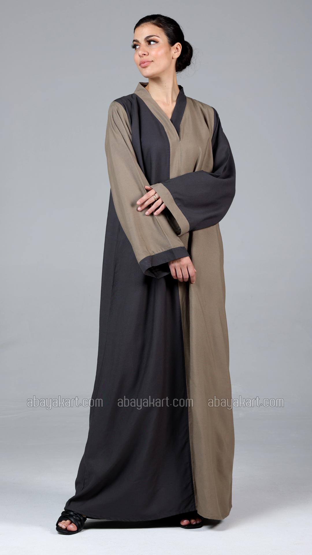 Stylish Linen Abaya In Dark Grey And Peanut Brown