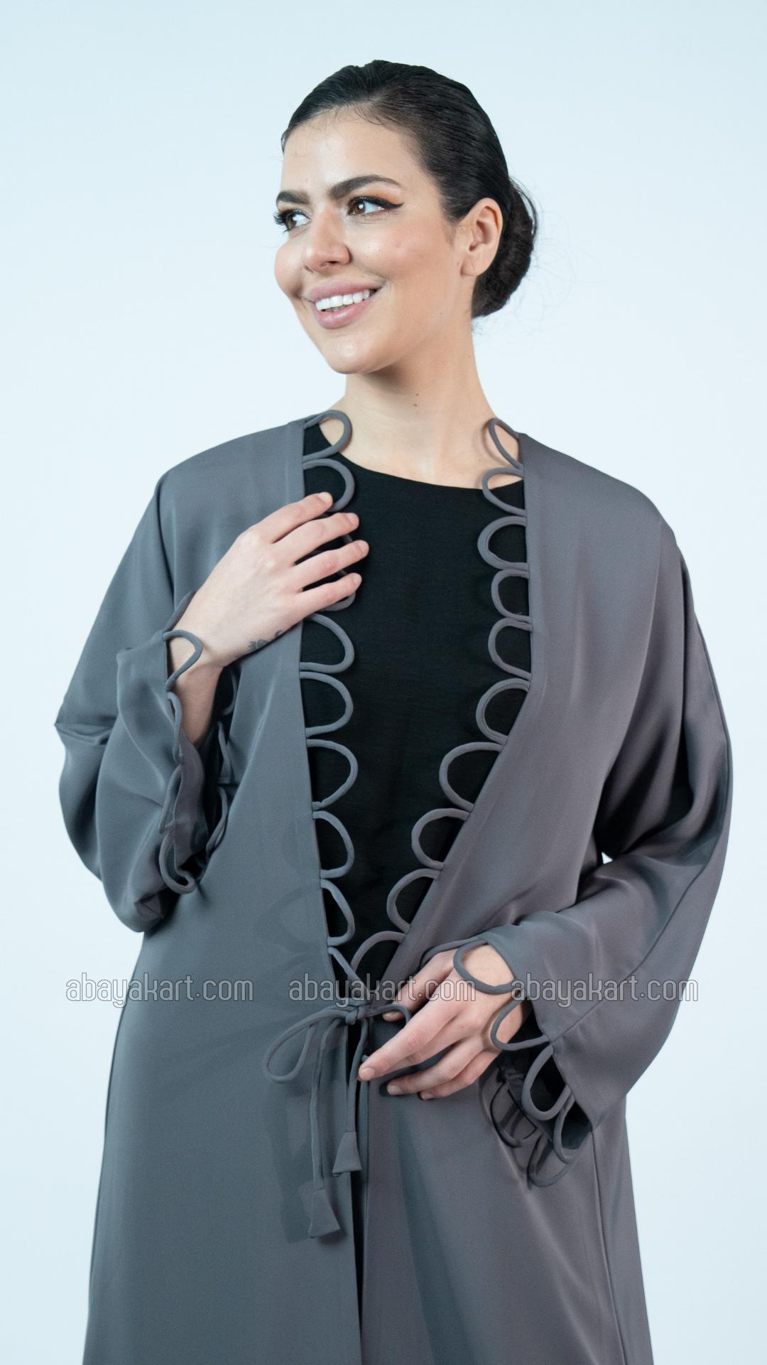 Decorative Loop Shrug Abaya in Ash Grey with Black Inner 