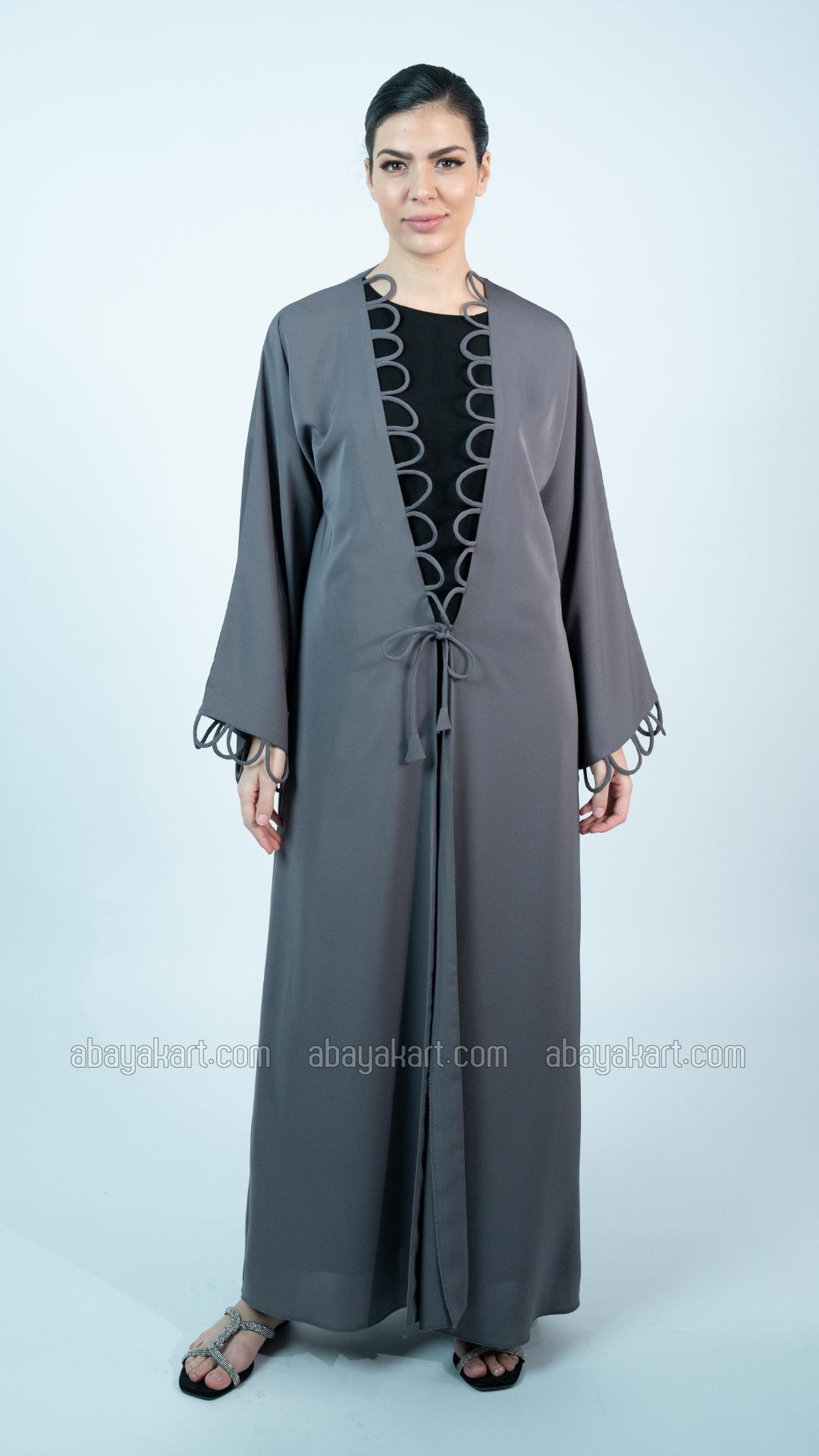 Decorative Loop Shrug Abaya in Ash Grey with Black Inner 