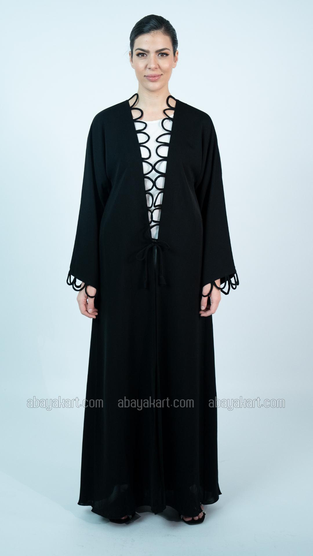 Decorative Loop Shrug Abaya in Black with Off White Inner 