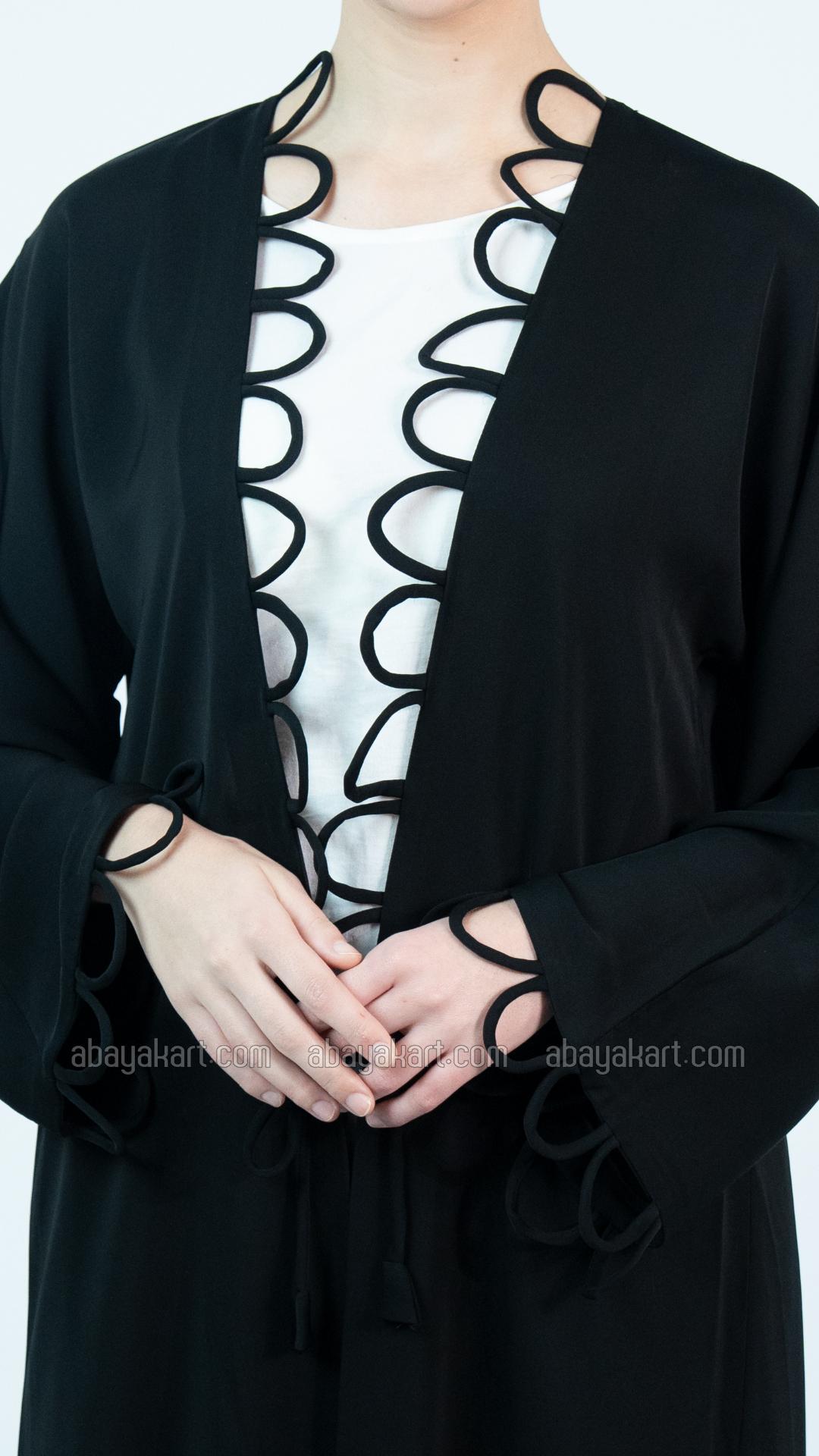 Decorative Loop Shrug Abaya in Black with Off White Inner 