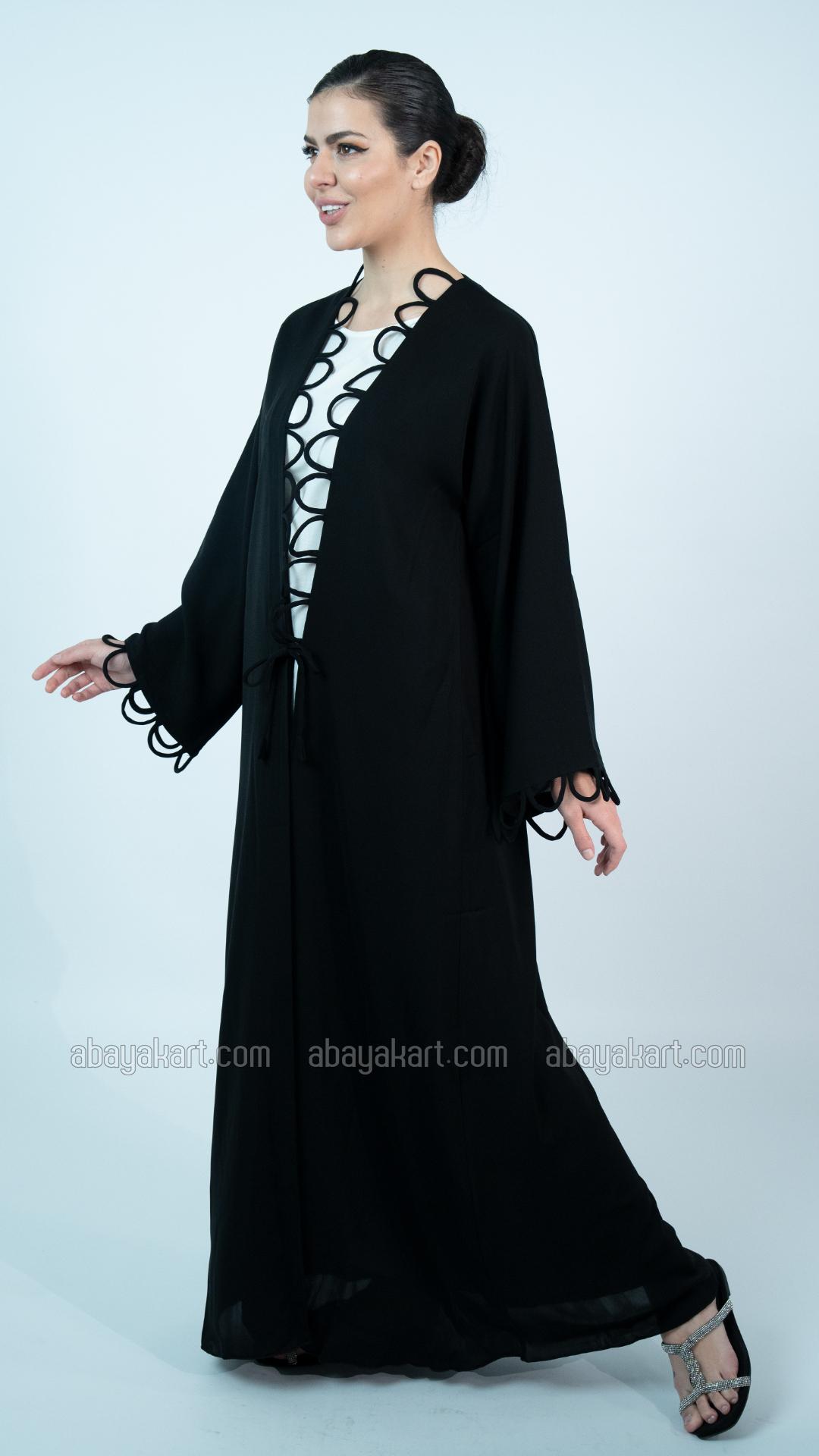 Decorative Loop Shrug Abaya in Black with Off White Inner 