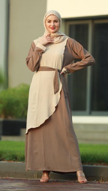 CEY Modest Dress With Belt In Brown And Cream | Abayakart.com CEY Modest Dress With Belt In Brown And Cream | Abayakart.com